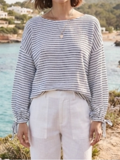 Joie Linen Top Nautical Striped Balloon Tie Sleeve Small